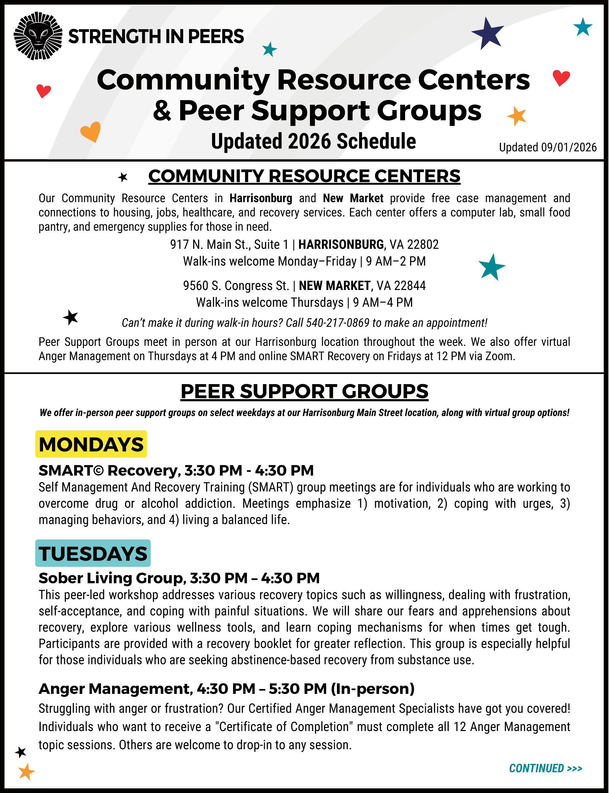 Peer Groups Sept 2026_Page_1 First page of the updated 2026 Peer Support Group flyer